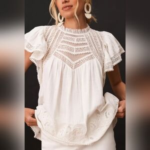 Anthropologie Forever That Girl Flutter-Sleeve Embroidered Blouse size Small